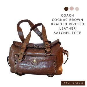 Coach Cognac Brown Pebble Leather Braided Riveted Satchel Tote